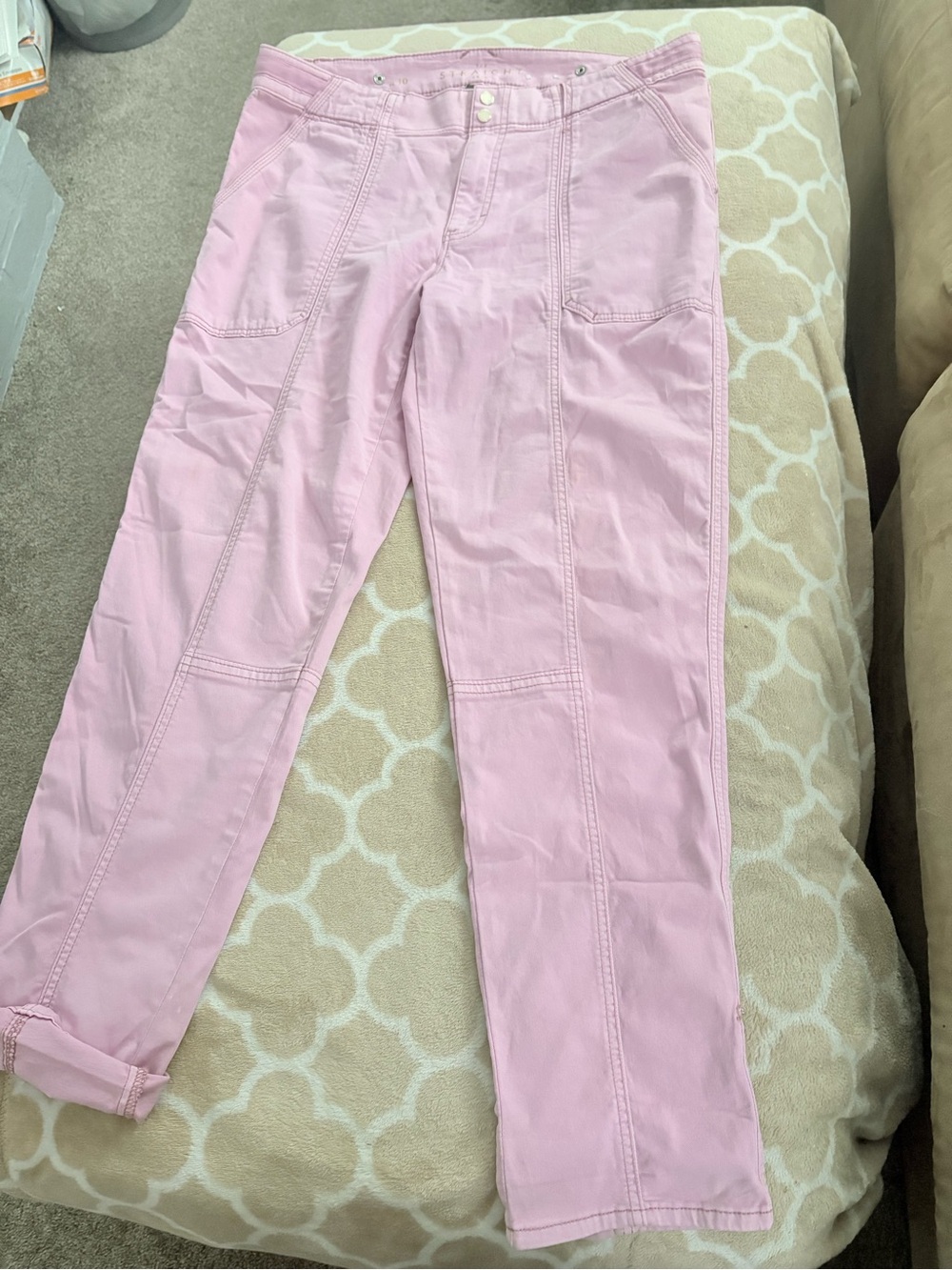 Trending Pastel Pink Straight Leg Jeans w snap to crop them